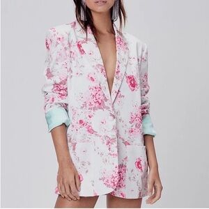 🍋For Love & Lemons Free People Weston Ivory Pink Floral Denim Jacket Blazer Sz S
